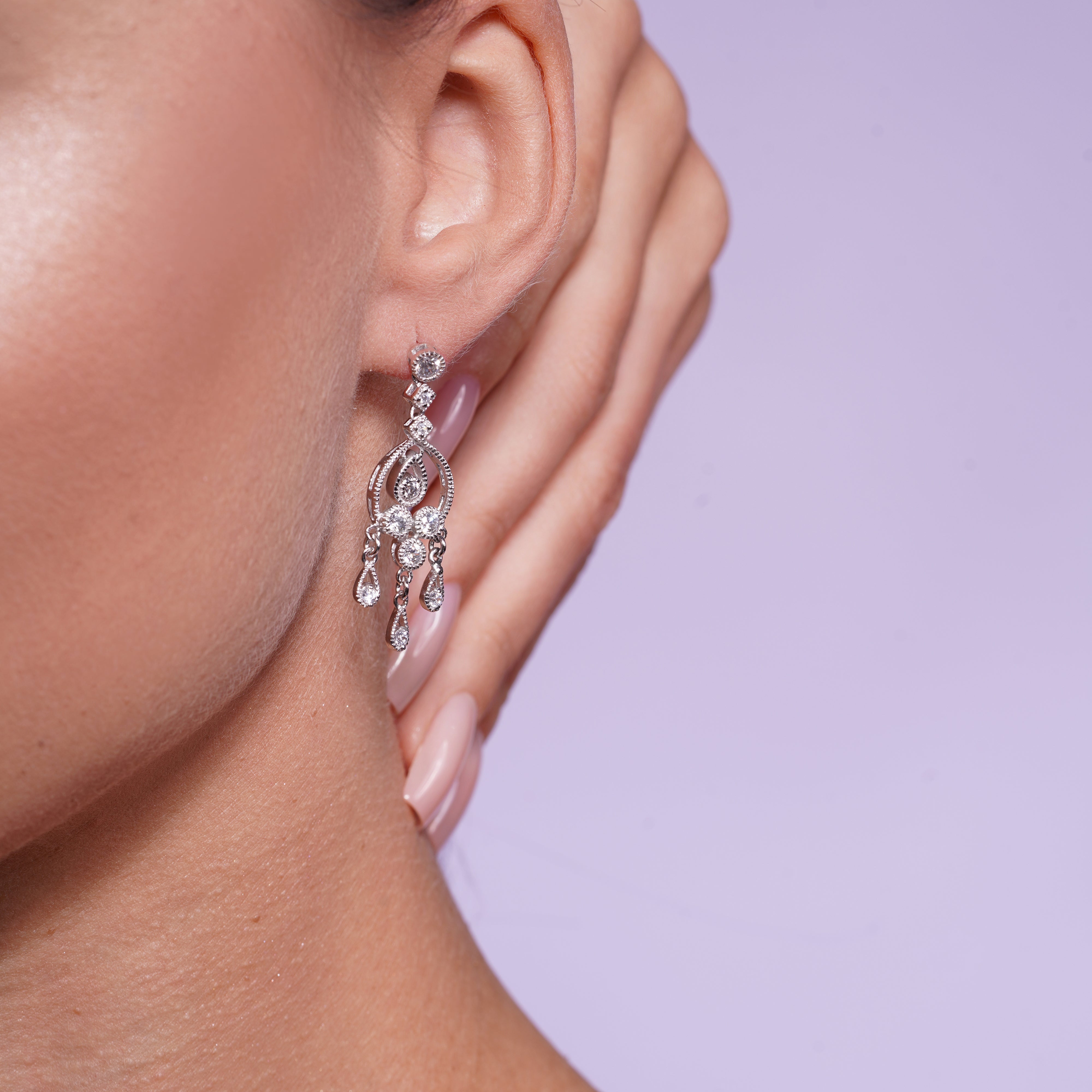 Clearance-Silver 925 Rhodium Plated CZ Three stranded Dangling Earrings - STE00030