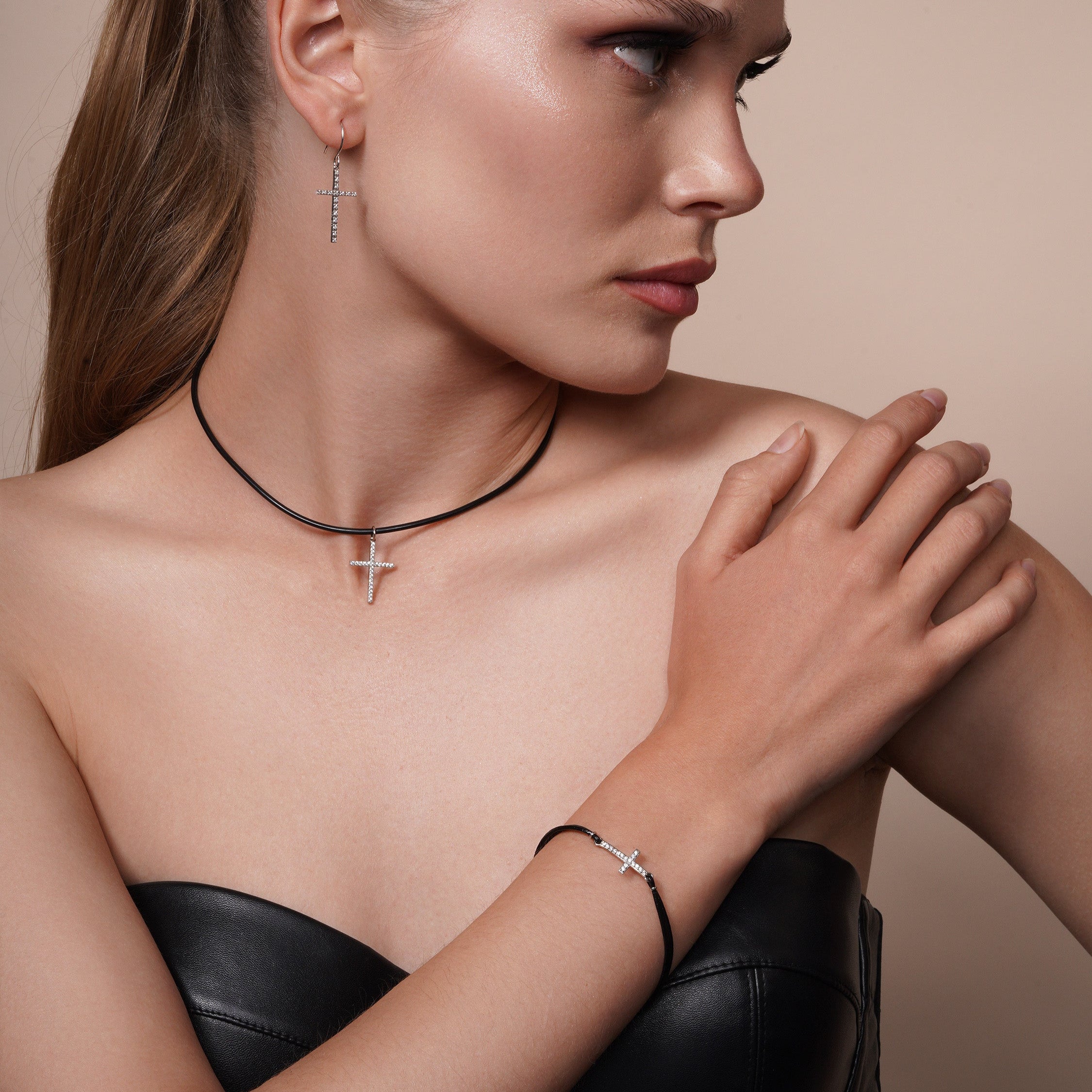 Silver 925 Rhodium Plated Sideways Cross CZ Black Leather Cord Bracelet - BGB00152RHD