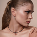 Silver 925 Rhodium Plated Cross CZ Dangling Hook Earrings - STE00107