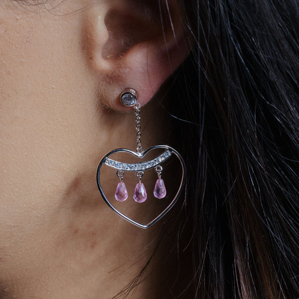 Closeout - Silver 925 Rhodium Plated Open Heart Danging 3 Pink Crystals Earrings - STE00120