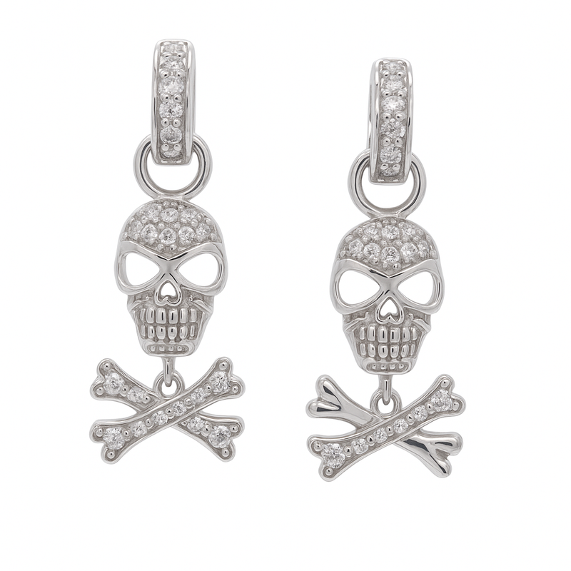 Silver 925 Rhodium Plated Bone and Skull CZ Dangling huggie hoop Earrings - STE00205
