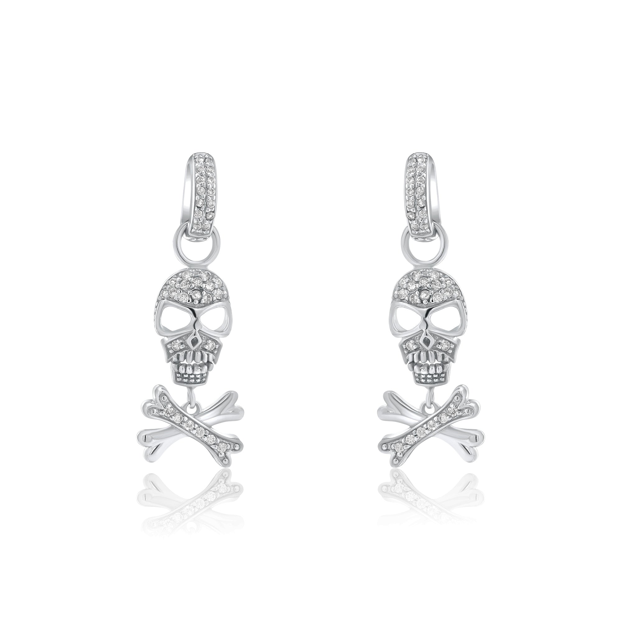 Silver 925 Rhodium Plated Bone and Skull CZ Dangling huggie hoop Earrings - STE00205
