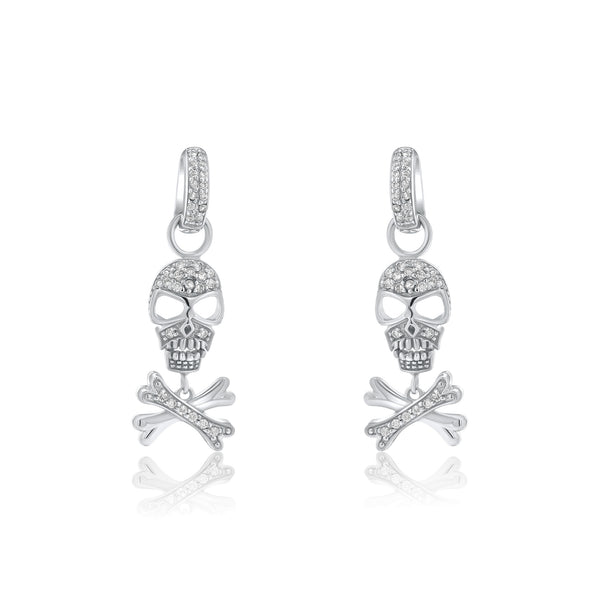 Silver 925 Rhodium Plated Bone and Skull CZ Dangling huggie hoop Earrings - STE00205