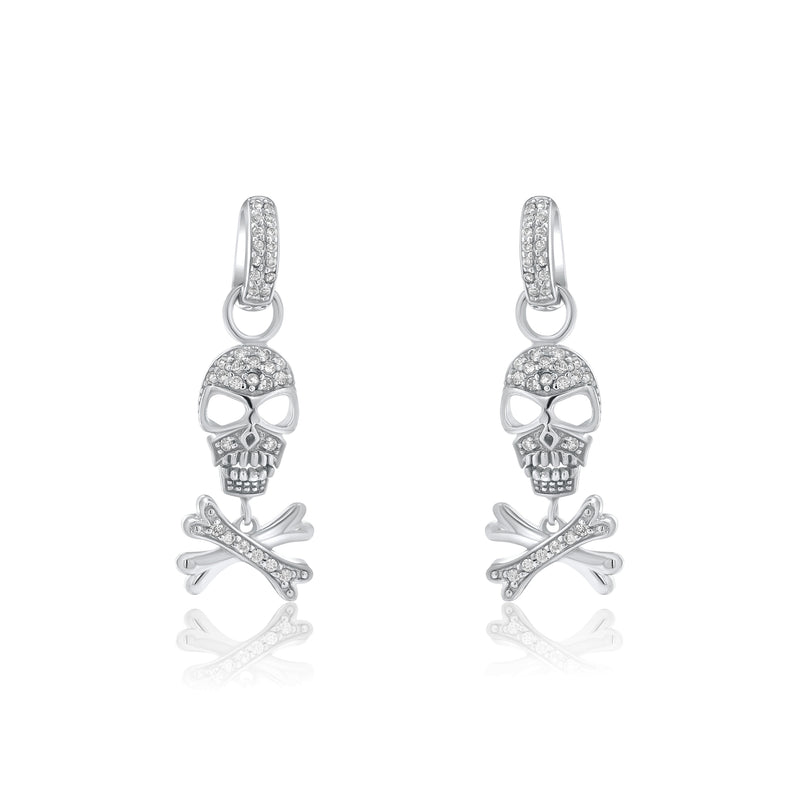 Silver 925 Rhodium Plated Bone and Skull CZ Dangling huggie hoop Earrings - STE00205