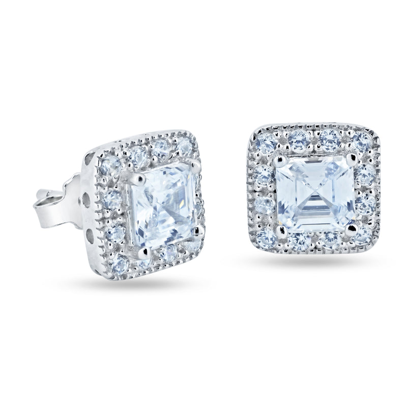 Silver 925 Rhodium Plated Square Cluster CZ Stud Earrings - STE00451