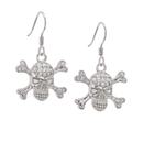 Silver 925 Rhodium Plated Pirate Skull CZ Dangling Hook Earrings - STE00537