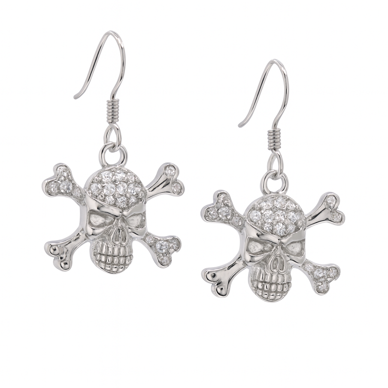 Silver 925 Rhodium Plated Pirate Skull CZ Dangling Hook Earrings - STE00537