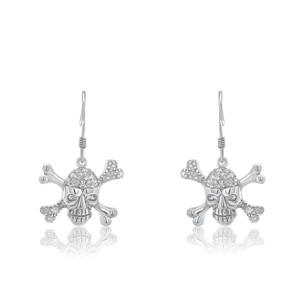 Silver 925 Rhodium Plated Pirate Skull CZ Dangling Hook Earrings - STE00537