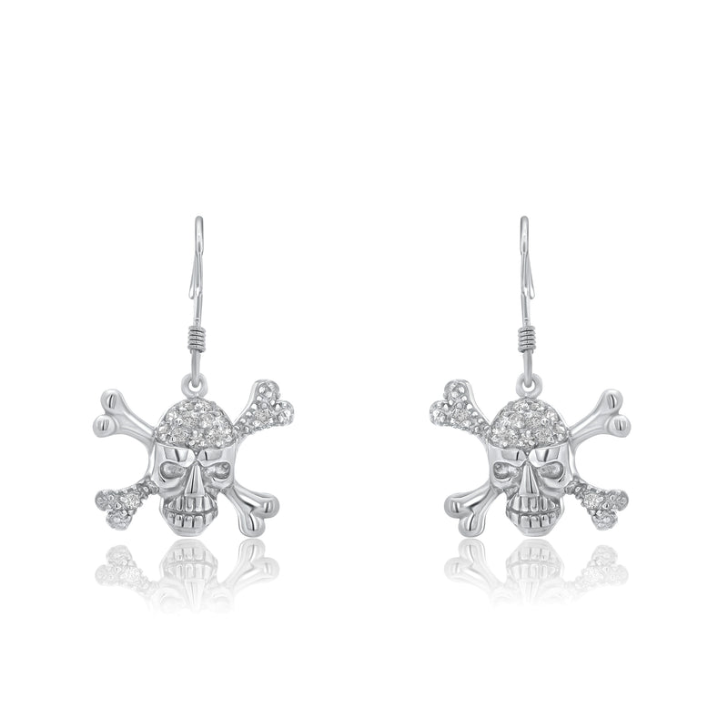 Silver 925 Rhodium Plated Pirate Skull CZ Dangling Hook Earrings - STE00537