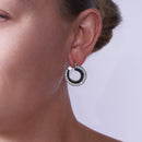 Clearance-Silver 925 Black and Silver Rhodium Plated Twirl Round Ramp CZ Hoop Earrings - STE00558