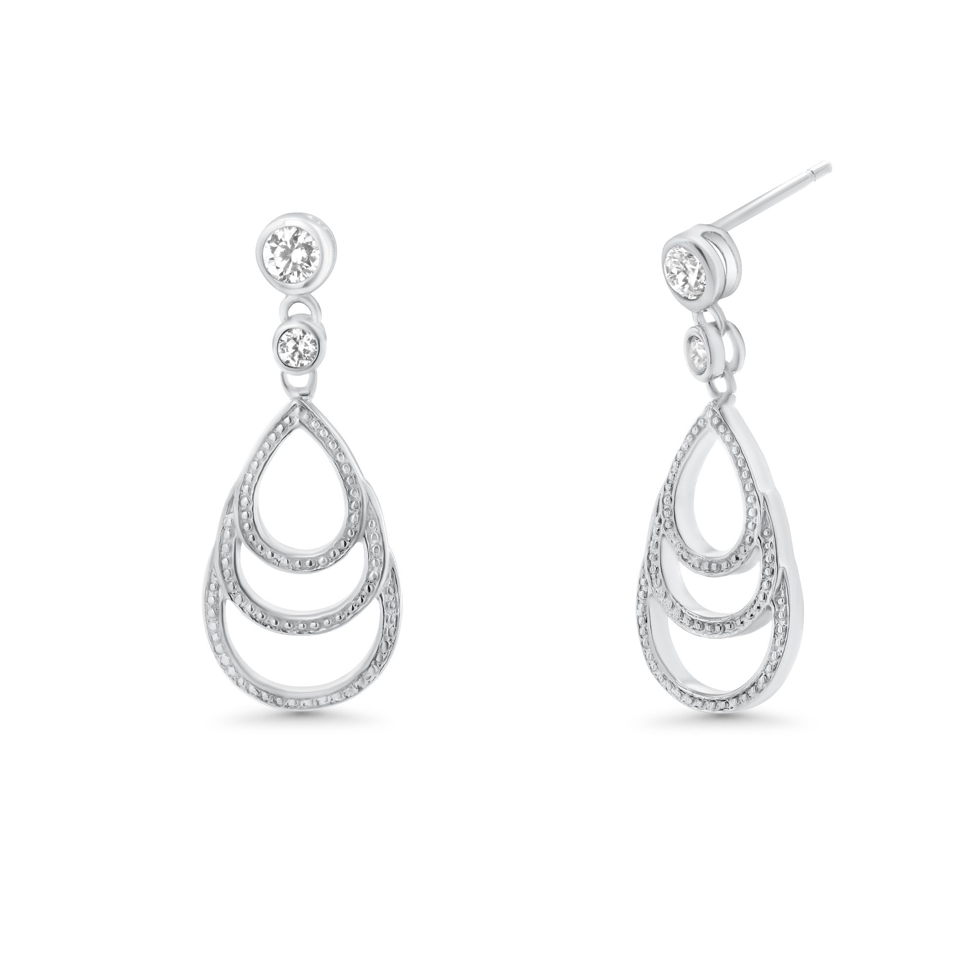 Clearance-Silver 925 Rhodium Plated Teardrop Round CZ Dangling Stud Earrings - STE00648