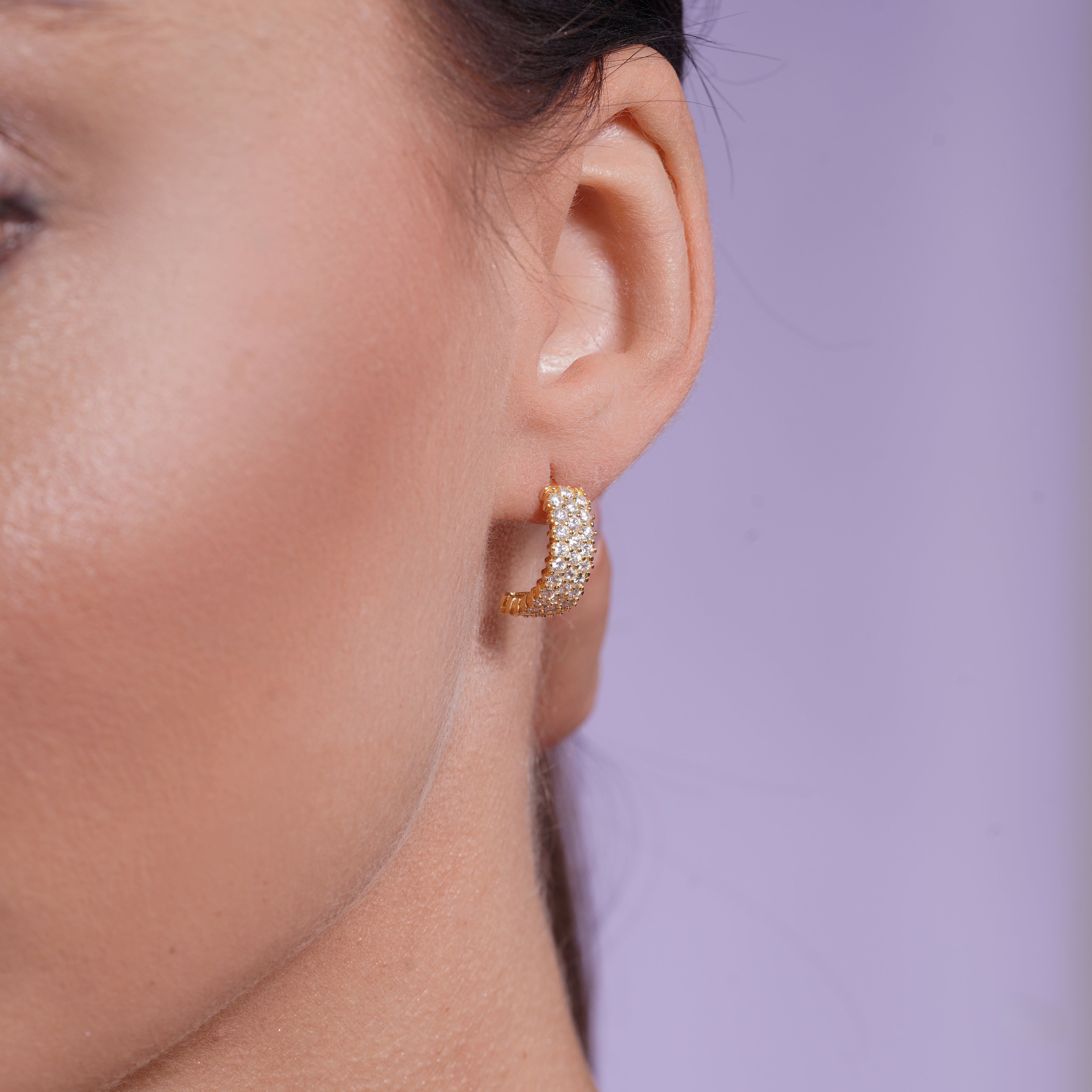 Silver 925 Gold Plated Clear CZ Semi-huggie hoop Earrings - STE00662