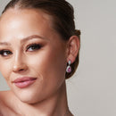 Silver 925 Rhodium Plated Pink Teardrop and Clear CZ Dangling Stud Earrings - STE00670PNK