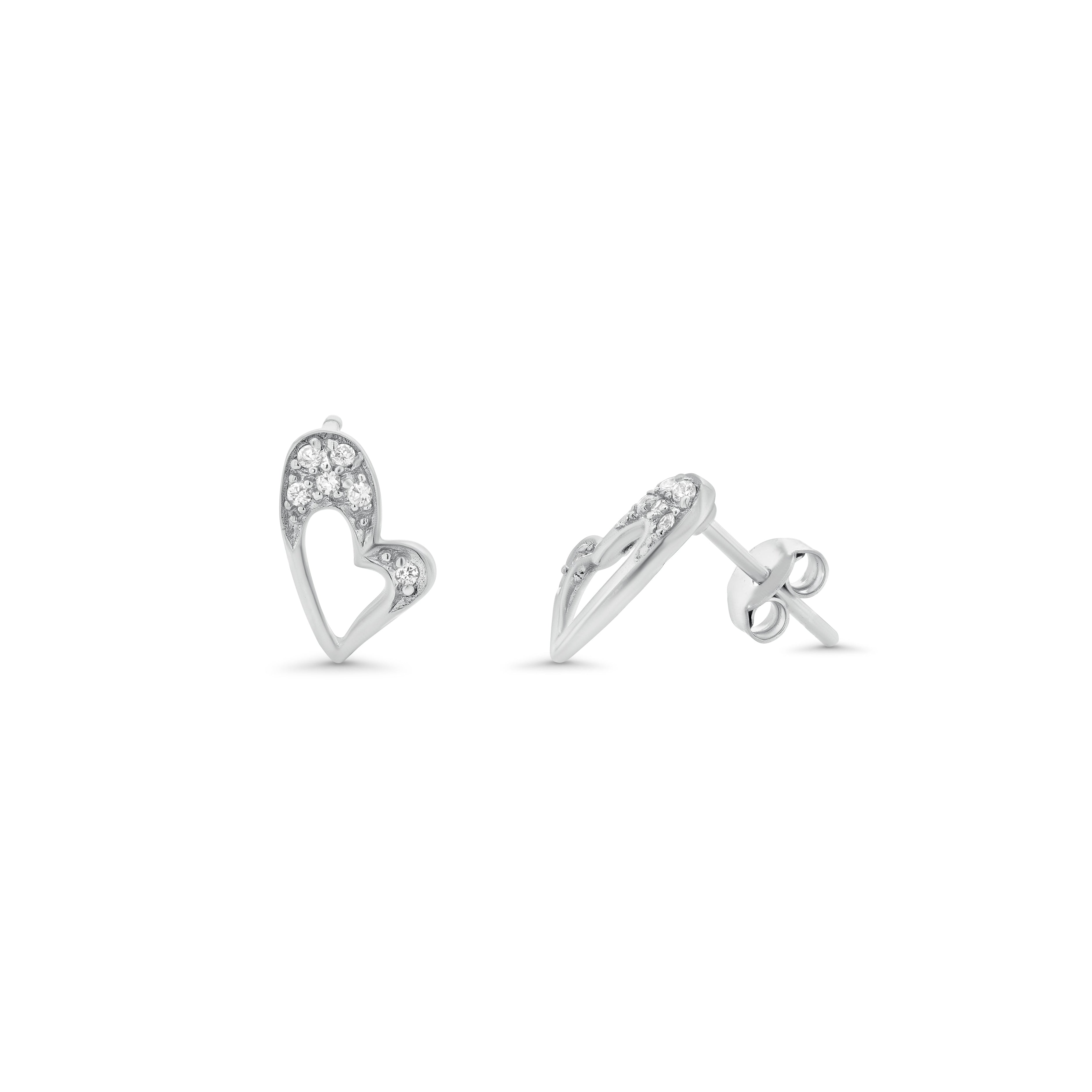 Silver 925 Rhodium Plated Heart Clear CZ Stud Earrings - STE00696