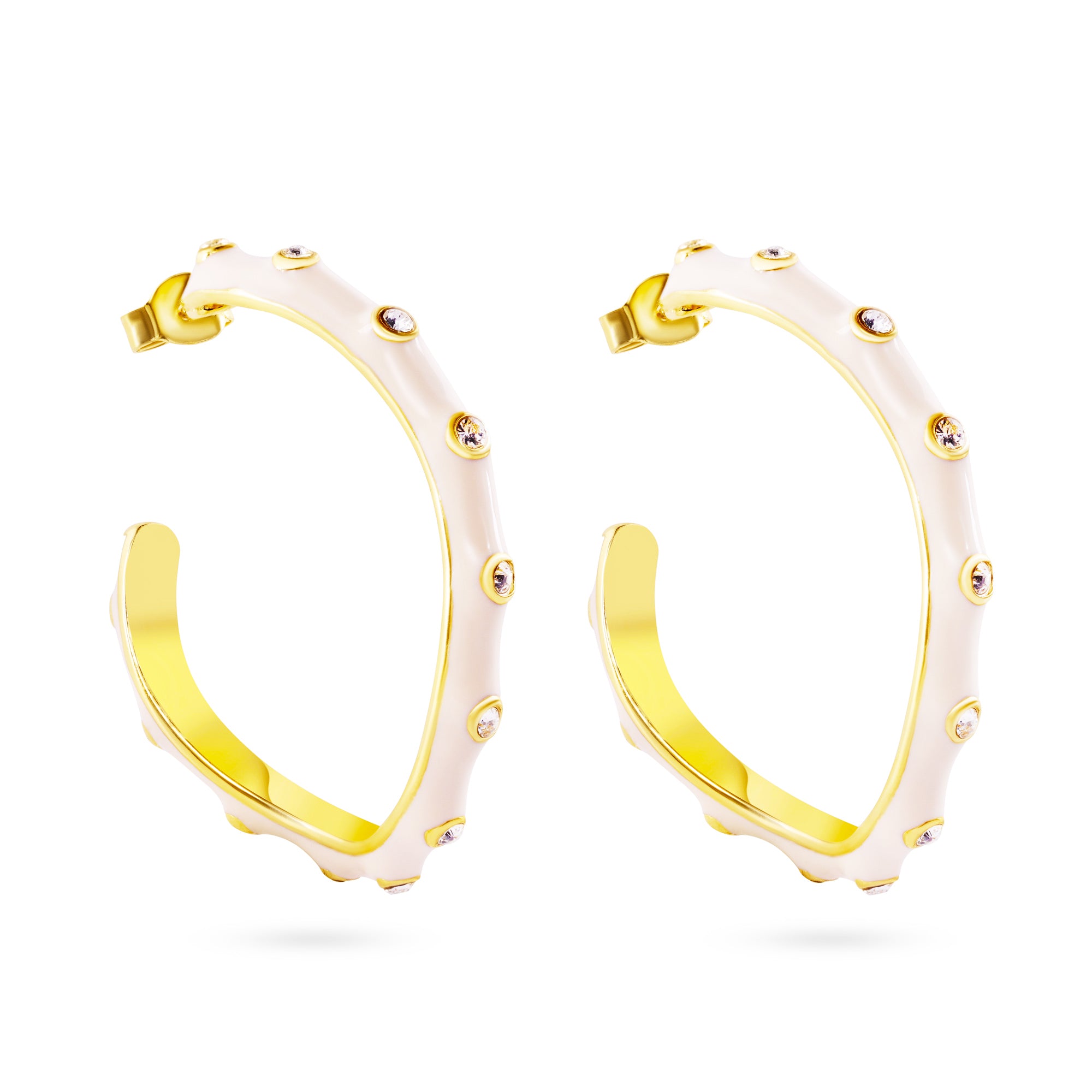 Clearance-Gold Plate 925 Sterling Silver White Enamel Clear CZ Hoop Earrings - STE00699