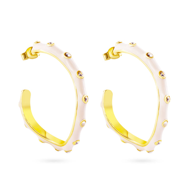 Closeout-Gold Plate 925 Sterling Silver White Enamel Clear CZ Hoop Earrings - STE00699