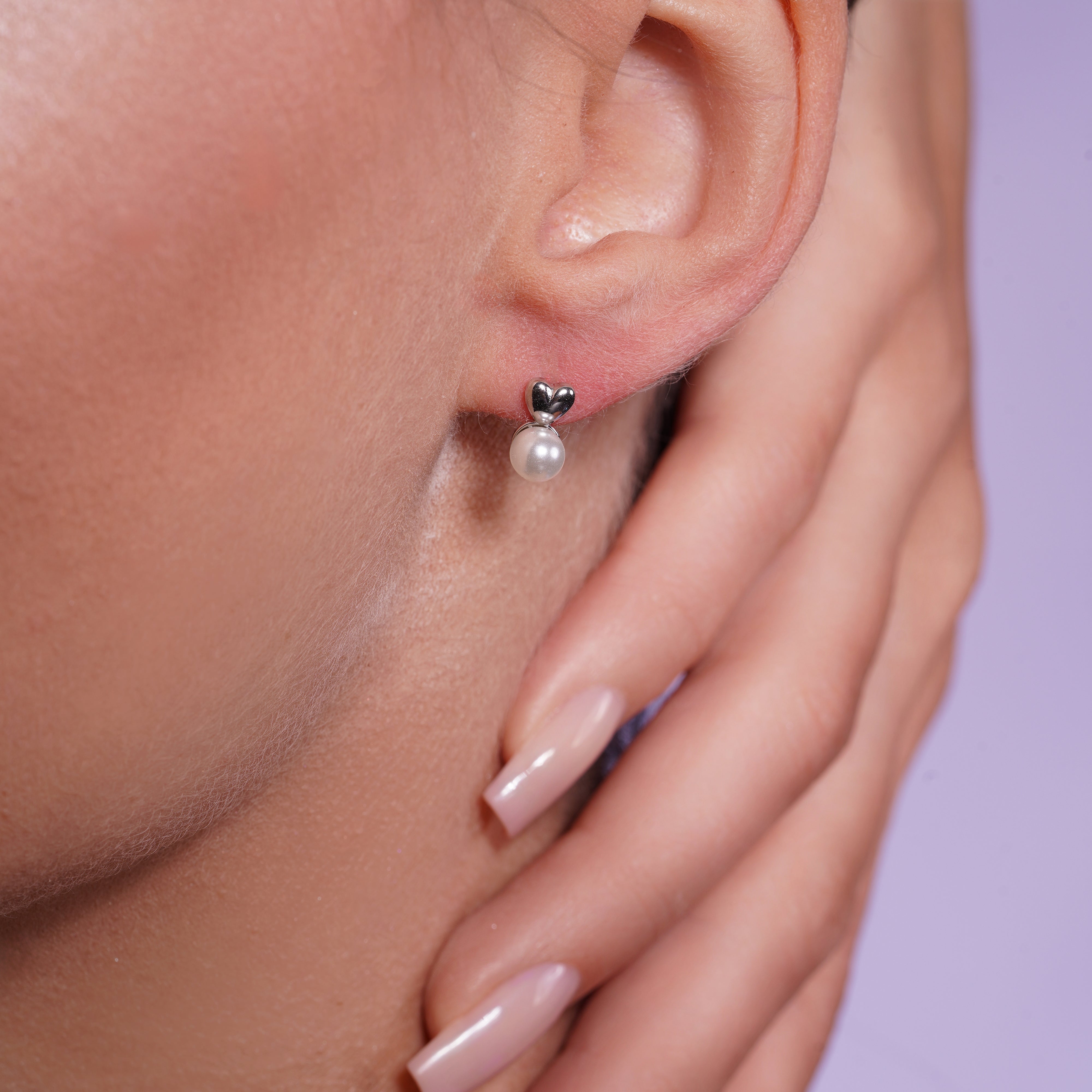 Silver 925 Heart Rhodium Plated Synthetic Pearl Stud Earrings - STE00755