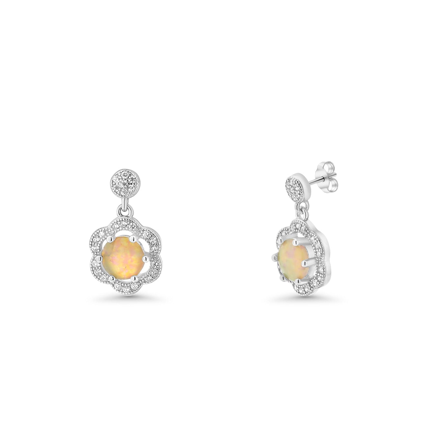 Pendientes colgantes de perlas de circonita cúbica con flor redonda chapada en rodio de plata 925 - STE00942