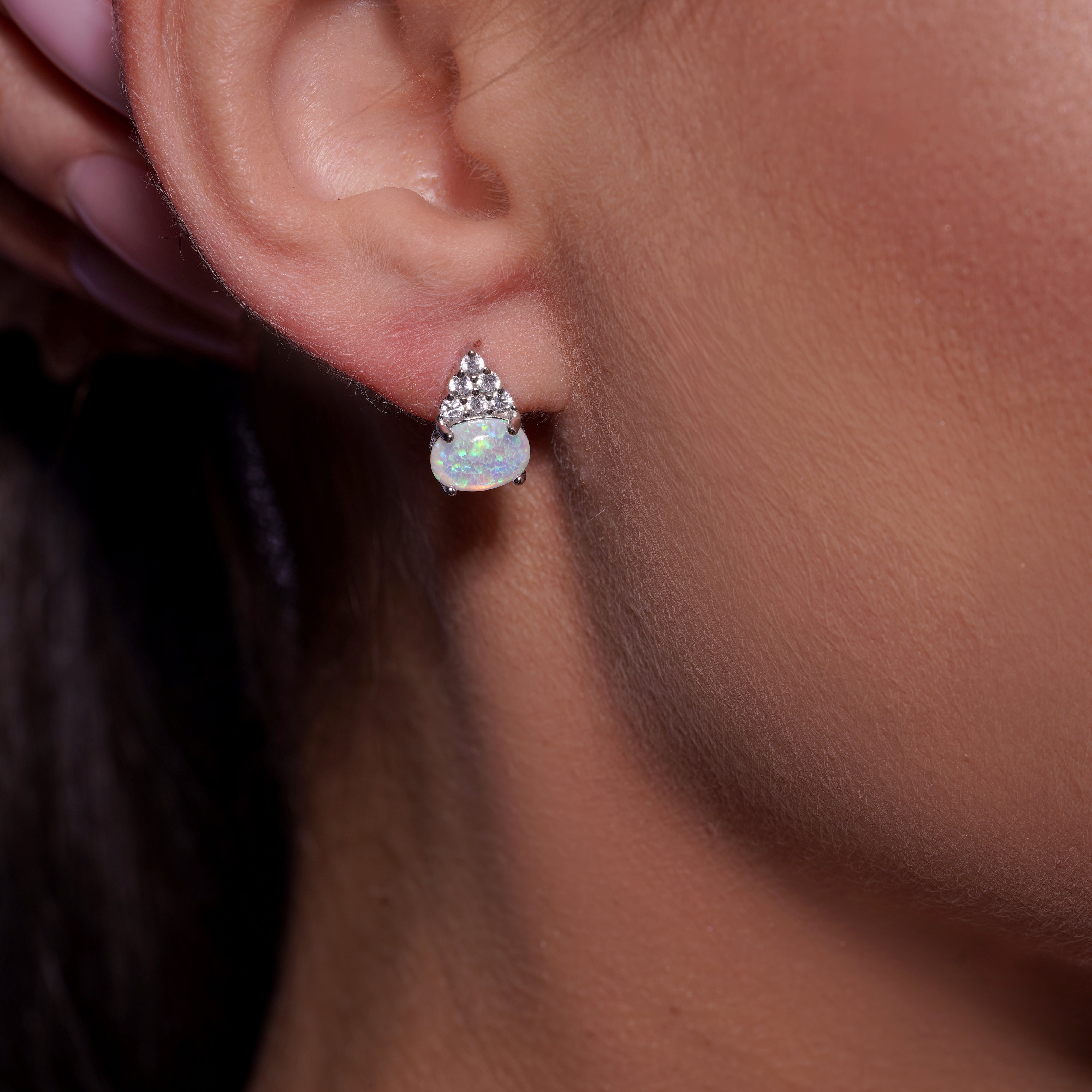 Silver 925 Rhodium Plated Cluster CZ Opal Stud Earrings - STE00944