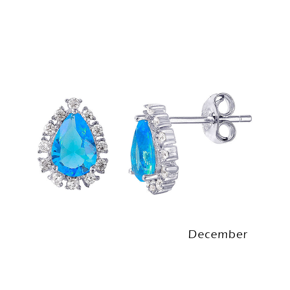 Rhodium Plated 925 Sterling Silver Teardrop Halo CZ Birthstone Earrings - STE01027