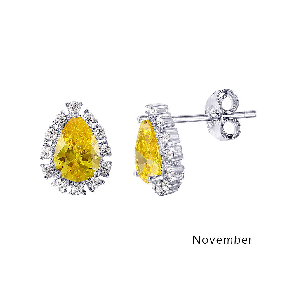 Rhodium Plated 925 Sterling Silver Teardrop Halo CZ Birthstone Earrings - STE01027