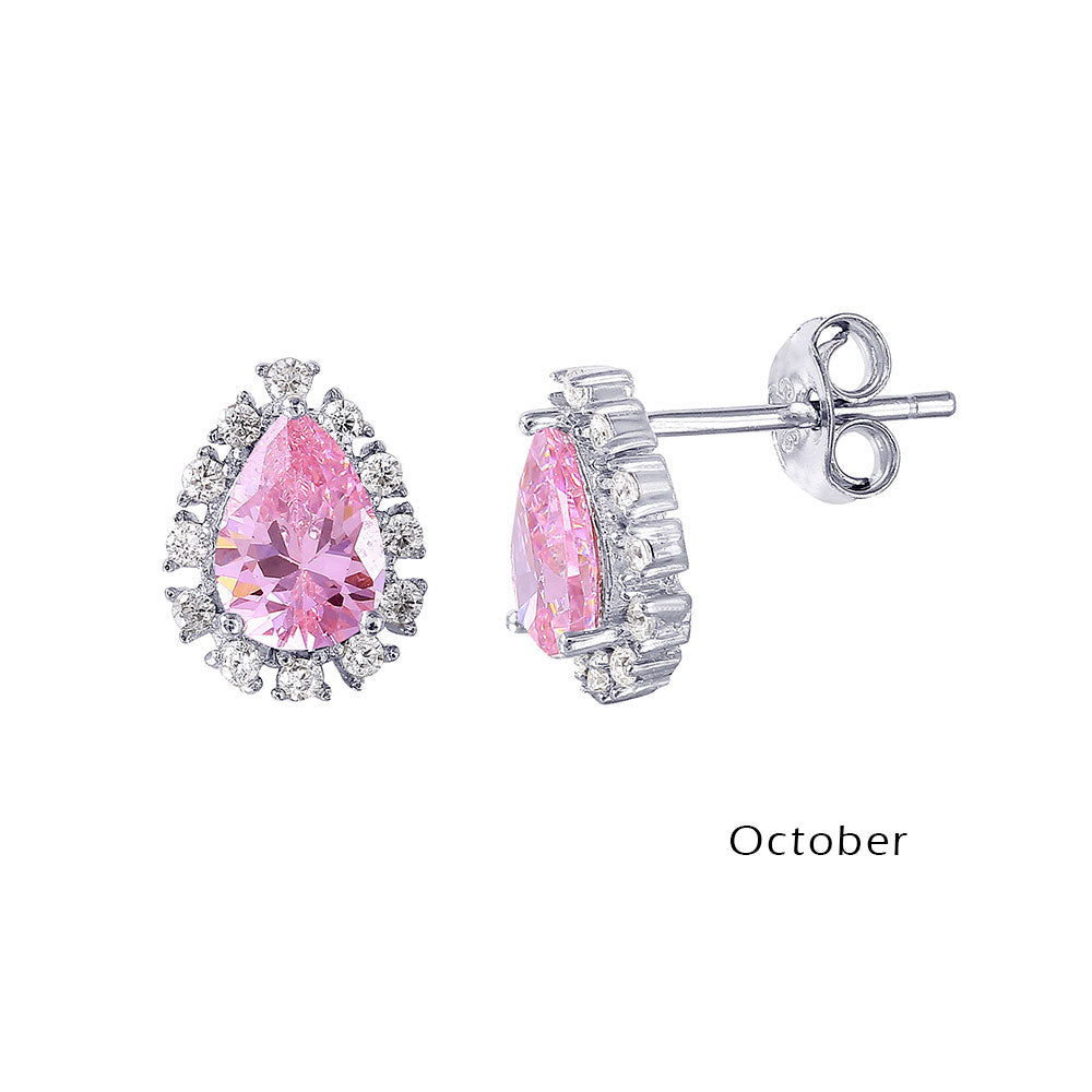 Rhodium Plated 925 Sterling Silver Teardrop Halo CZ Birthstone Earrings - STE01027