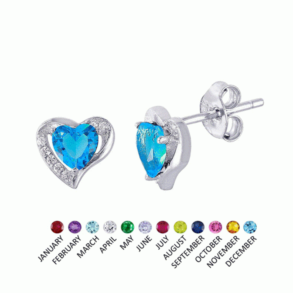 Pendientes de botón de plata de ley 925 rodiada con corazón y piedra de nacimiento en el centro - STE01028