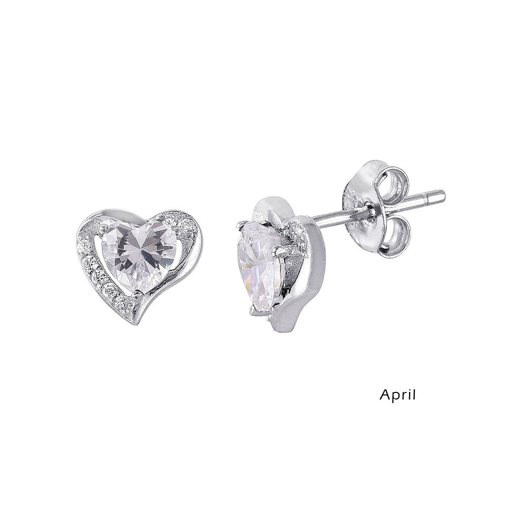 Rhodium Plated 925 Sterling Silver Heart with Birthstone Center Stud Earrings- STE01028