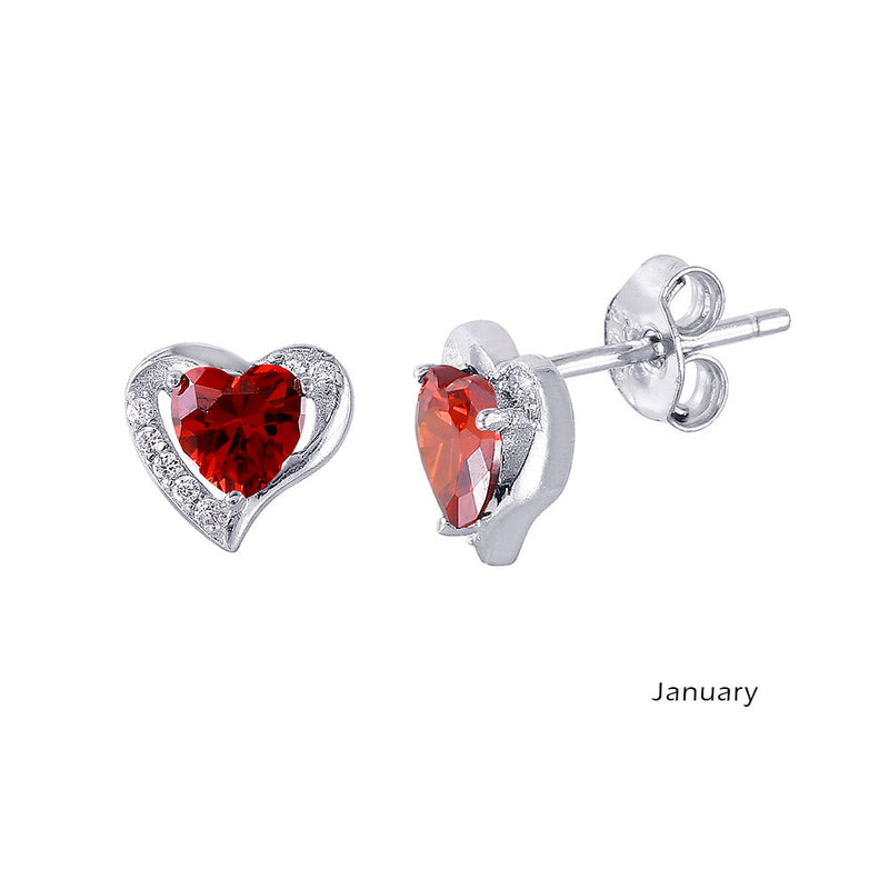 Rhodium Plated 925 Sterling Silver Heart with Birthstone Center Stud Earrings- STE01028