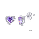 Rhodium Plated 925 Sterling Silver Heart with Birthstone Center Stud Earrings- STE01028