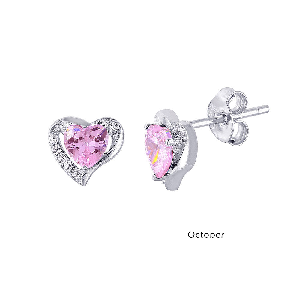 Rhodium Plated 925 Sterling Silver Heart with Birthstone Center Stud Earrings- STE01028