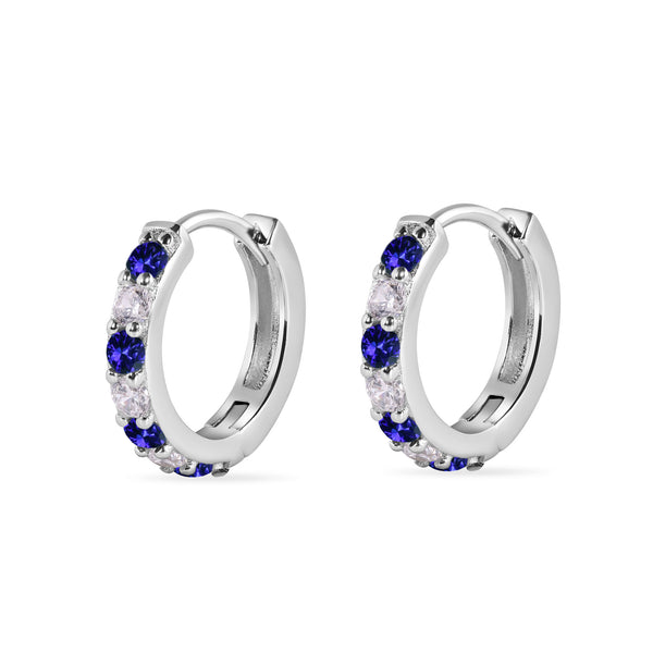 Sterling Silver Rhodium Plated Clear Blue CZ Huggie Earring 12.6mm - STE01330-BLUE