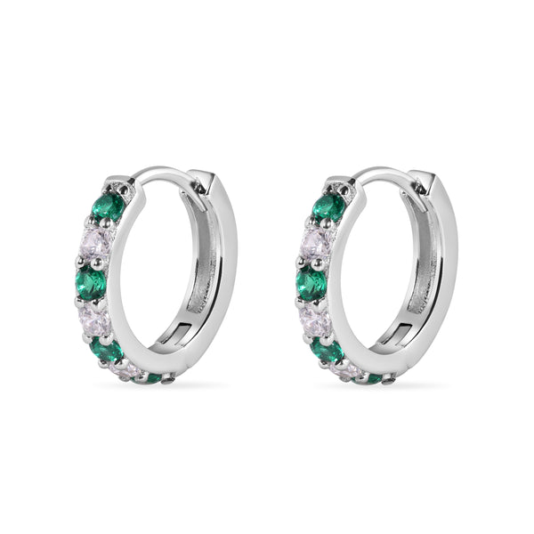 Sterling Silver Rhodium Plated Clear Green CZ Huggie Earring 12.6mm - STE01330-GREEN