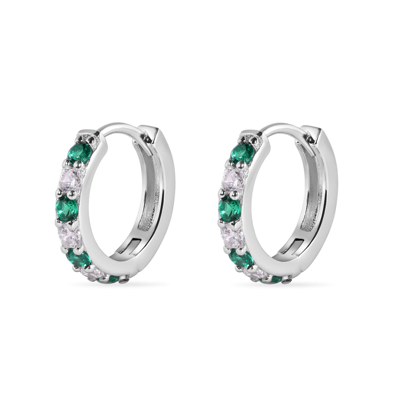 Sterling Silver Rhodium Plated Clear Green CZ Huggie Earring 12.6mm - STE01330-GREEN