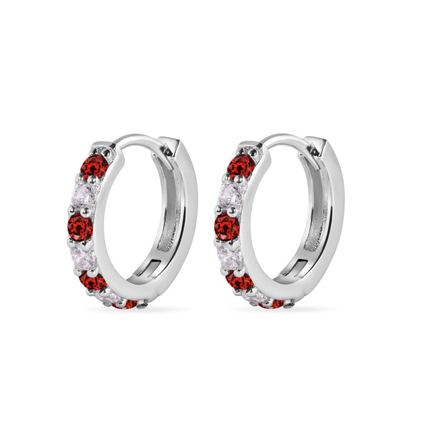 Sterling Silver Rhodium Plated Clear Red CZ Huggie Earring 12.6mm - STE01330-RED