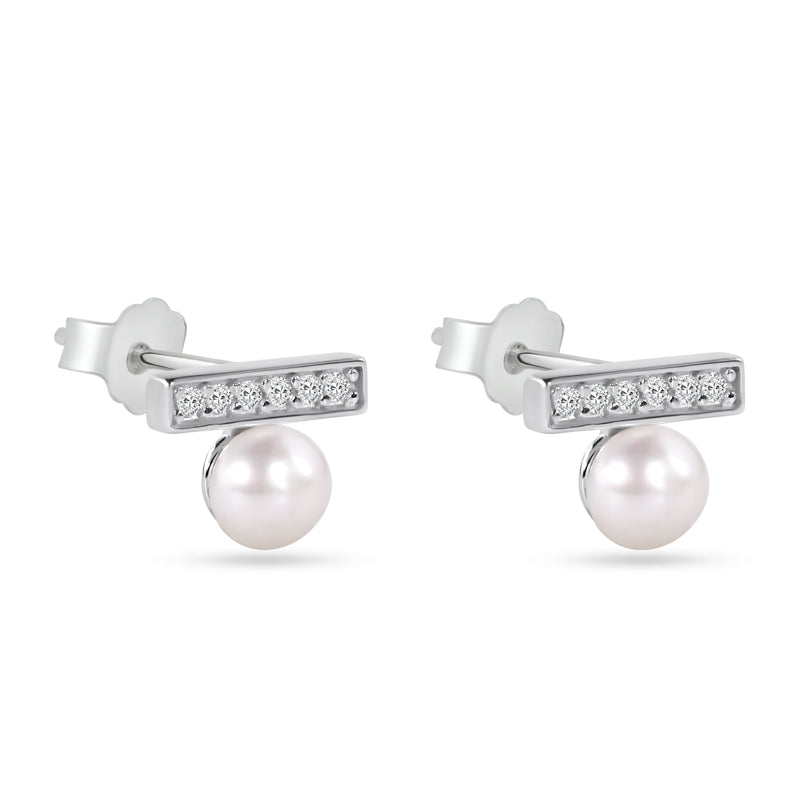 Pendientes con barra de circonita cúbica y perlas en plata de ley chapada en rodio - STE01343
