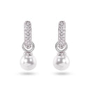 Sterling Silver Rhodium Plated Dangling Pearl Clear CZ Hoop Earrings - STE01373