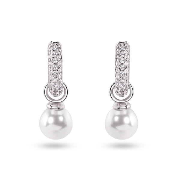 Pendientes de aro de plata de ley con circonita transparente y perlas colgantes chapadas en rodio - STE01373