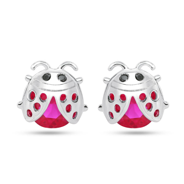 Sterling Silver Rhodium Plated Lady Bug Red CZ Stud Earrings - STE01376