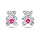 Sterling Silver Rhodium Plated Bear Heart Clear and Red CZ Stud Earrings - STE01377