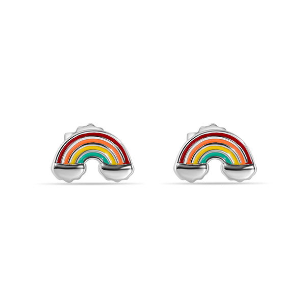 Rhodium Plated 925 Sterling Silver Enamel Rainbow Clouds Stud Earring - STE01386