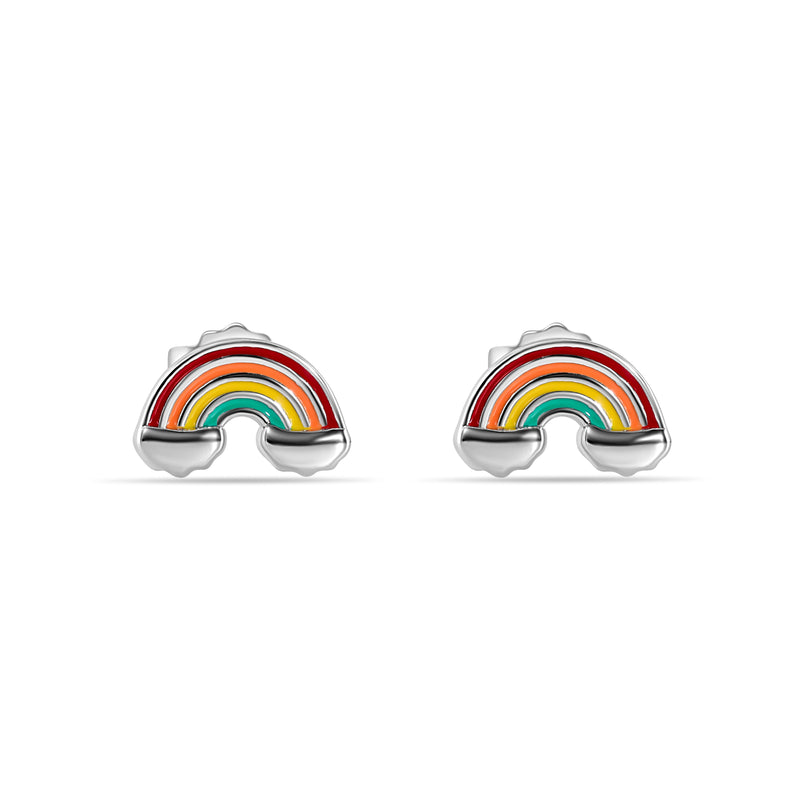 Rhodium Plated 925 Sterling Silver Enamel Rainbow Clouds Stud Earring - STE01386