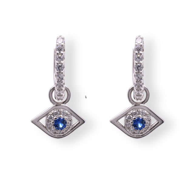 Sterling Silver Rhodium Plated Dangling Evil Eye Blue and Clear CZ Huggie Earring - STE01388