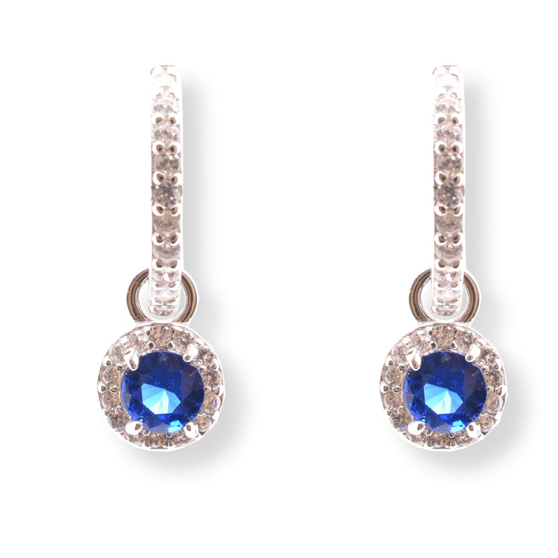 Sterling Silver Rhodium Plated Dangling Micro Pave Blue and Clear CZ Huggie Earring - STE01389-BLUE