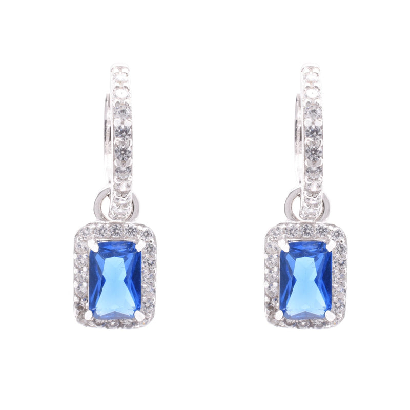 Sterling Silver Rhodium Plated Dangling Micro Pave Emerald Cut Blue and Clear CZ Huggie Earring - STE01390-BLUE