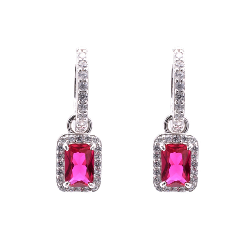 Sterling Silver Rhodium Plated Dangling Micro Pave Emerald Cut Red and Clear CZ Huggie Earring - STE01390-RED