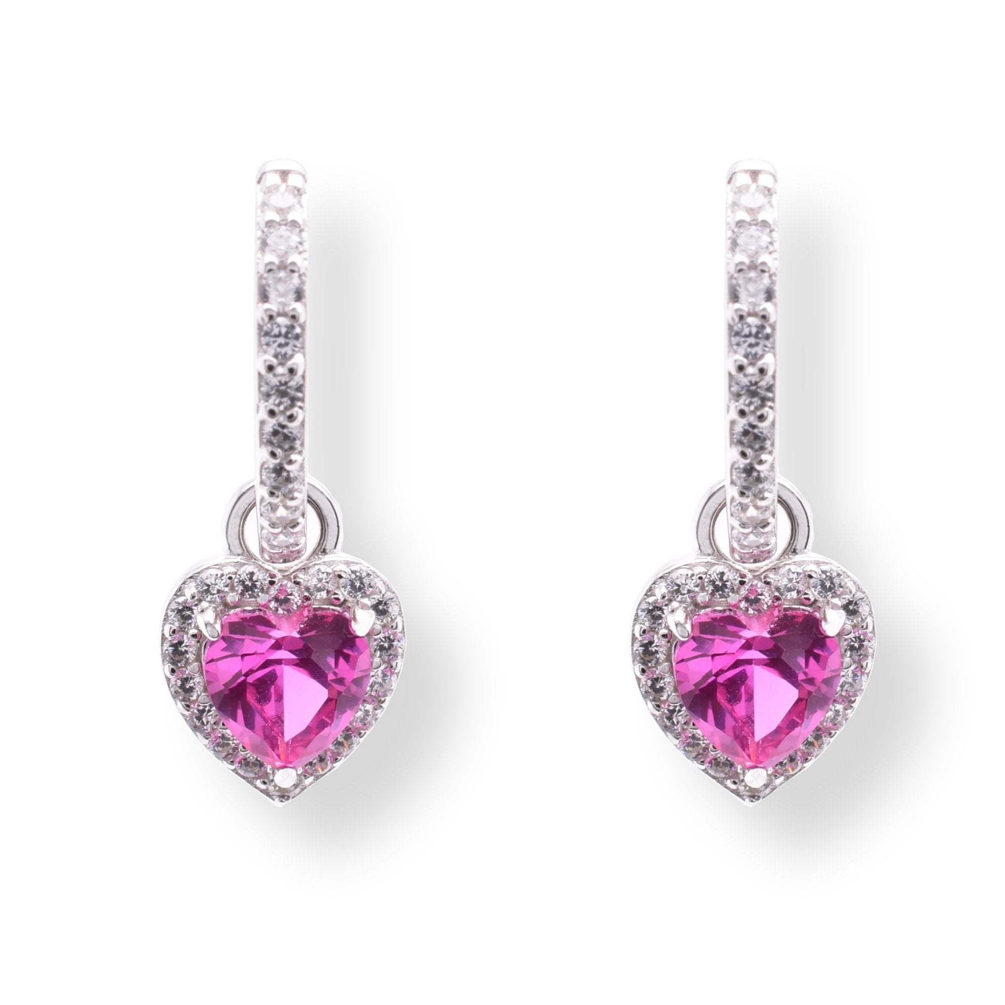 Sterling Silver Rhodium Plated Dangling Micro Pave Heart Red and Clear CZ Huggie Earring - STE01391