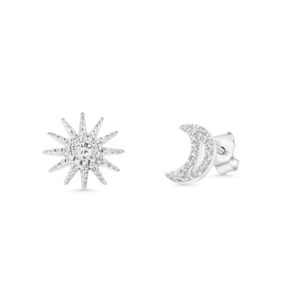 Sterling Silver Rhodium Plated Moon and Star Clear CZ Stud Earring - STE01399