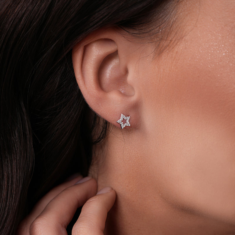 Sterling Silver Rhodium Plated Moon and Star Clear CZ Stud Earring - STE01399