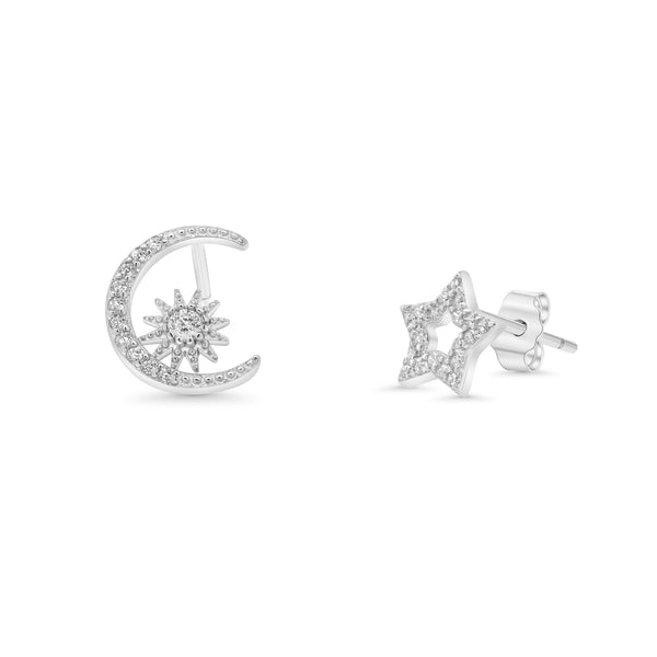 Sterling Silver Rhodium Plated Moon and Star Clear CZ Stud Earring - STE01399